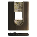 Modern Wooden Built in Fireplace Featuring Decorative Patterns and Mirror in Gold Frame Design
