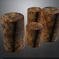 Four Rusty Metal Barrels With Different Sizes Industrial Storage Equipment Weathered Surfaces