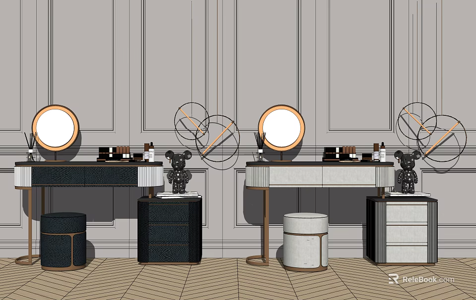 Modern Elegant Dressing Table With Round Mirrors Stools And Storage Cabinets 3d model