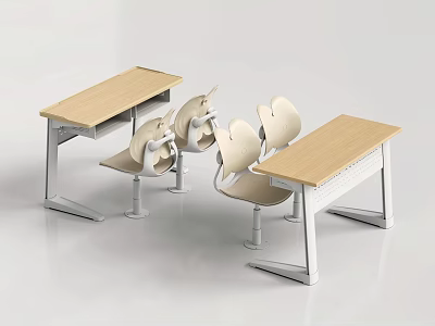 Modern Desk Chair Combination With Light Wood Tabletop And White Frame Design 3d model