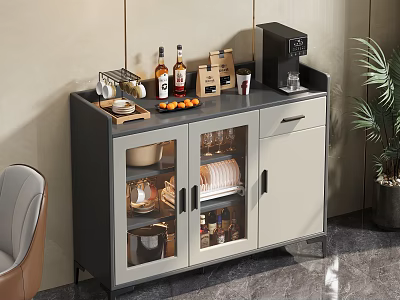 Modern Gray Beige Sideboard Cabinet With Glass Doors Coffee Machine Wine Bottles Oranges And Tableware 3d model