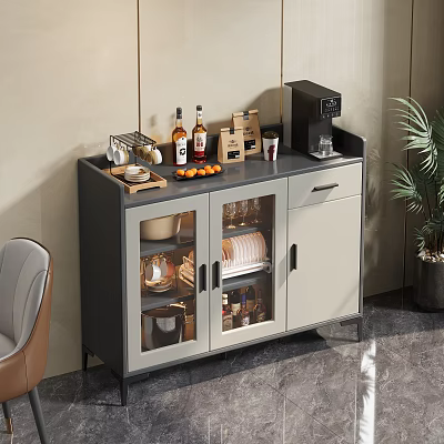 Modern Gray Beige Sideboard Cabinet With Glass Doors Coffee Machine Wine Bottles Oranges And Tableware 3d model