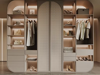 Elegant Modern Open Closet With Curved Design Lighting And Organized Drawers Hanging Space Bags Shoes 3d model