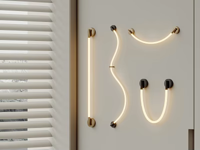 Modern Curved Linear Wall Lamp LED Lighting Mounted On White Wall Near Window With Blinds 3d model