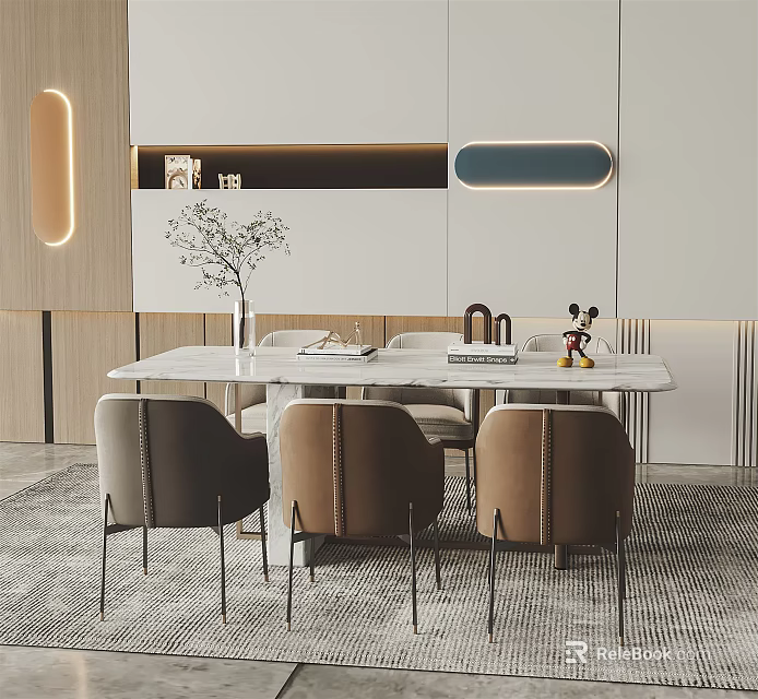 Elegant Modern Rectangular Dining Table Set With Brown Chairs Marble Top And White Sideboard 3d model