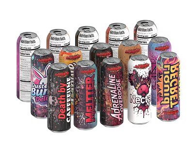 Assorted Energy Drink Cans With Various Brand Names And Colorful Packaging 3d model