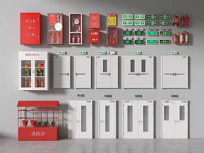 Comprehensive Fire Fighting Equipment Collection With Cabinets Extinguishers Emergency Lights And Exit Signs 3d model