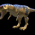 Fierce Reptile Dinosaur With Blue And Yellow Skin Open Mouth Sharp Teeth On Black Background