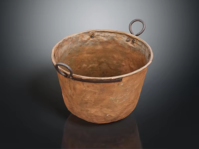 Vintage Brown Household Item Bucket With Metal Ring Handles And Textured Surface 3d model