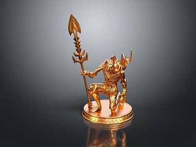 Golden Mythological Statue With Trident Horned Figure And Armored Design On Circular Base 3d model