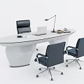 Modern Sleek Office Desk With Laptop Desk Lamp And Black Rolling Chairs