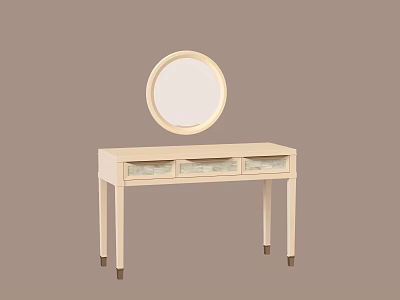 Elegant Light Colored Dressing Table With Round Mirror And Three Drawers 3d model