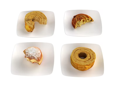 Different Varieties of Assorted Bread Pastries on White Plates with Spiral Shapes and Powdered Sugar 3d model