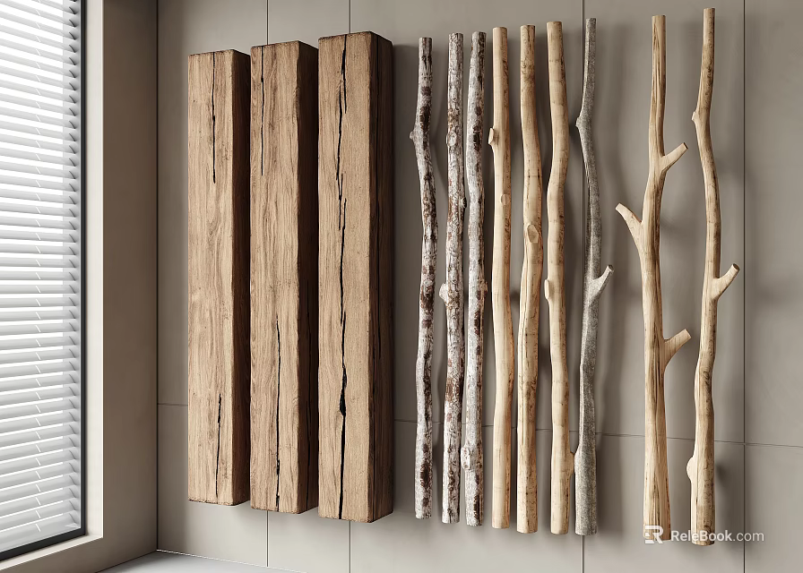 Various Rustic Wooden Planks and Natural Tree Branches for Interior Wall Decorative 3d model 