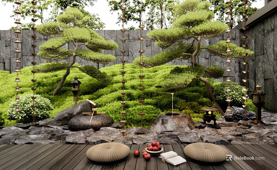 Lush Courtyard Garden with Pine Trees Stone Wall Rocks Lanterns Wooden Deck and Round Cushions 3d model 