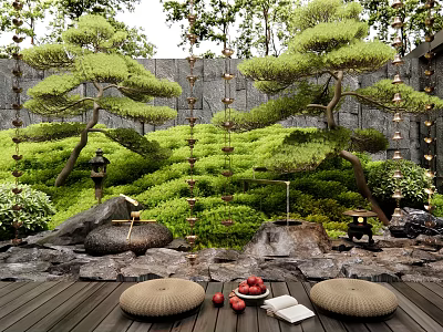Lush Courtyard Garden with Pine Trees Stone Wall Rocks Lanterns Wooden Deck and Round Cushions 3d model