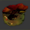 Autumn Tree With Red And Yellow Leaves Surrounded By Mushrooms And Fallen Leaves
