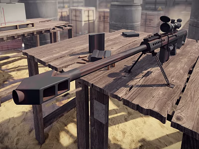 Sniper Rifle With Scope And Bipod On Wooden Table Near Ammunition Crates 3d model