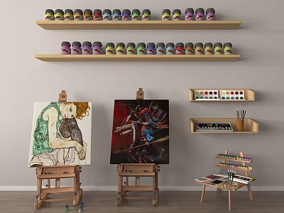 Art Supplies Studio With Wooden Easels Paintings Shelves And Paint Jars On Table 3d model
