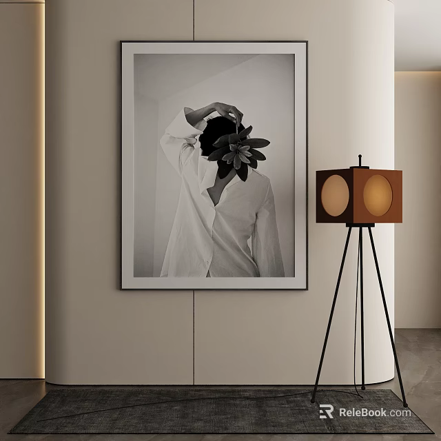 Modern Floor Lamp With Tripod Stand Round Brown Shades Beside Black And White Painting 3d model 