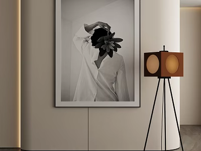 Modern Floor Lamp With Tripod Stand Round Brown Shades Beside Black And White Painting 3d model