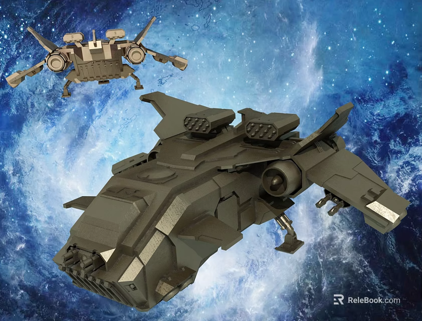 Futuristic Military Spaceships With Weapon Systems Flying In Starry Nebula Space 3d model 