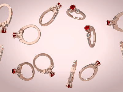 Luxury Rose Gold Rings With Red Gemstones And Diamond Accents 3d model