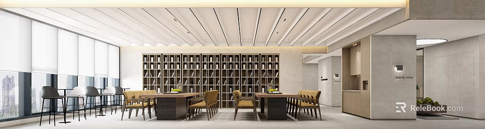 Artistic Book Display Design With Shelves Tables And Chairs In Modern Library Interior 3d model 