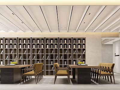 Artistic Book Display Design With Shelves Tables And Chairs In Modern Library Interior 3d model