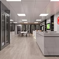 Modern Office Reception Area With White Marble Counter Glass Partitions And Green Plants