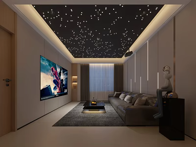 Modern Home Theater Interior With Starry Ceiling Large Screen TV And Comfortable Sofa 3d model