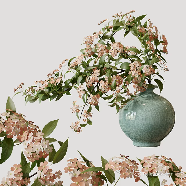 Light Blue Crackle Texture Vase With Pink Hydrangea Flowers And Green Leaves 3d model 