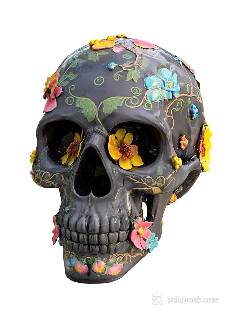 Decorative Black Skull Art Installation with Colorful Flowers and Vines 3d model 