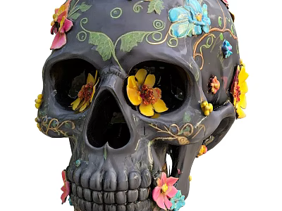 Decorative Black Skull Art Installation with Colorful Flowers and Vines 3d model