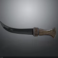 Curved Sharp Blade Weapon With Wooden Handle And Polished Metal Accents