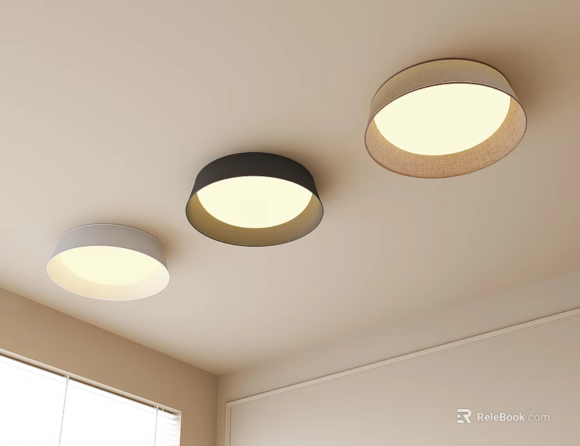 Three Round Illuminated Ceiling Lights With Different Colored Frames In Modern Minimalist Indoor Room 3d model 