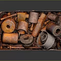 Assorted Hardware Tools in Rusty Metal Box with Pipes Rings and Components 3d model