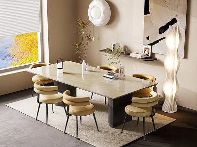 Modern Dining Table Set With Beige Chairs And Marble Top Floor Lamp Wall Art 3d model