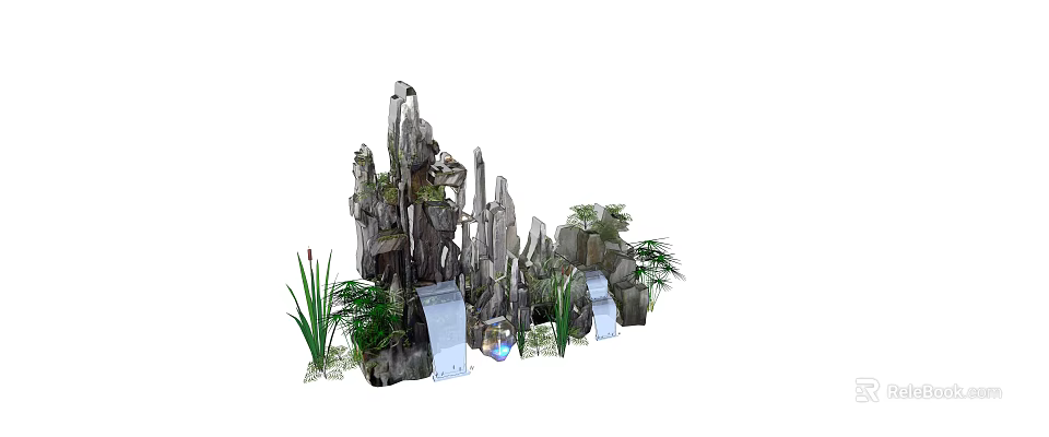 Garden Ornament With Rock Formations Water Features And Lush Green Plants 3d model 