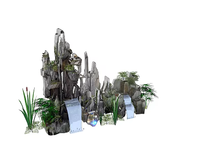 Garden Ornament With Rock Formations Water Features And Lush Green Plants 3d model