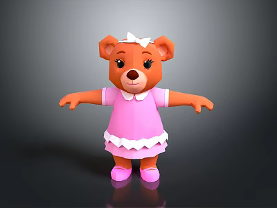 Cute 3D Teddy Bear Character With Pink Dress White Bow And Orange Arms 3d model