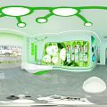 Modern Green Exhibition Interior With Sofa Display Shelves Digital Screen And White Seating 3d model