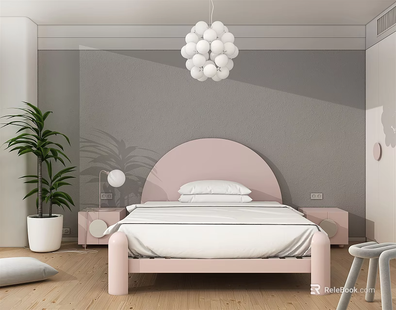 Children's Room With Pink Headboard White Bedding Gray Walls White Spherical Chandelier And Green Plant 3d model 
