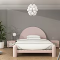 Children's Room With Pink Headboard White Bedding Gray Walls White Spherical Chandelier And Green Plant