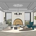 Modern Living Room Interior Design With Elegant Decorative Ceiling Fireplace Gray Sofa And Blue Armchairs