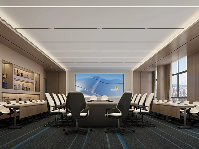 Modern Meeting Room Interior With Long Conference Table Multiple Chairs Large Screen And Windows 3d model