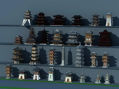 Various Traditional Tower Models Displayed On Multiple Shelves With Different Styles 3d model