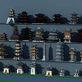 Various Traditional Tower Models Displayed On Multiple Shelves With Different Styles