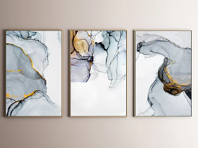 Three Framed Abstract Paintings With Gray Blue Gold Fluid Patterns Modern Wall Art 3d model