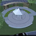 Curved Wooden Pergola Surrounding Circular Paving with White Gazebo and Trees